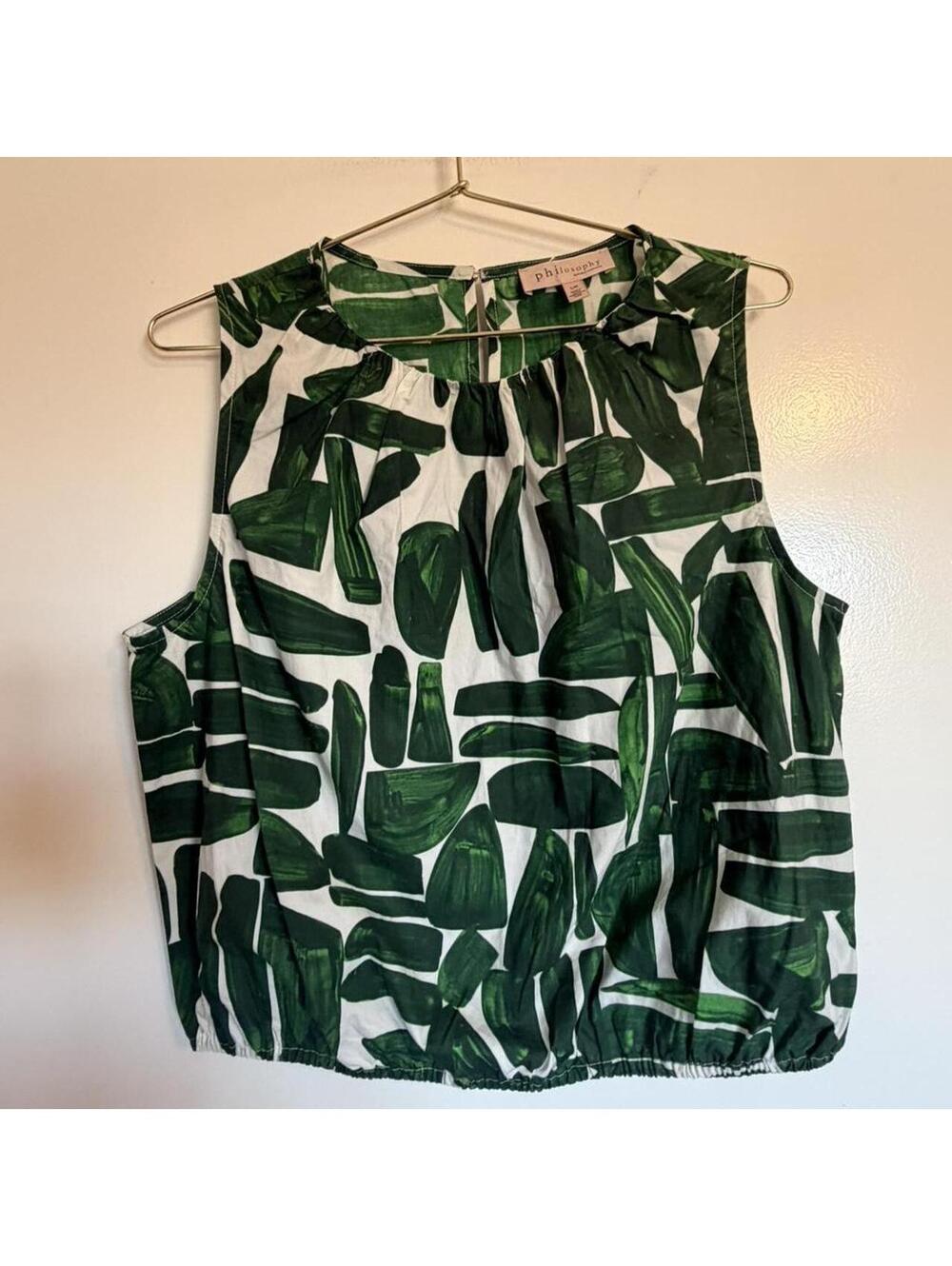 Philosophy Tropical Print Sleeveless Blouse Elastic Hem Keyhole Back Size L